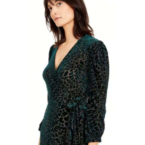 Calvin Klein 8 Burnout Velvet Animal Print Long Sleeve Wrap Dress Teal Green - Picture 3 of 11